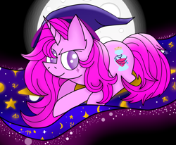 Size: 900x740 | Tagged: safe, artist:luriel maelstrom, oc, oc only, oc:hazel charm, pony, flying carpet, glow, magic, magic carpet, moon, night, shine