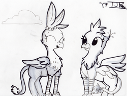 Size: 3572x2686 | Tagged: safe, artist:tjpones, oc, oc only, oc:gerdie, oc:gyro feather, oc:gyro tech, griffon, female, griffonized, male, monochrome, species swap, traditional art