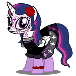 Size: 1000x1000 | Tagged: safe, artist:hakunohamikage, twilight sparkle, twilight sparkle (alicorn), alicorn, pony, ask, ask-princesssparkle, clothes, costume, dia de los muertos, dress, female, flower, flower in hair, mare, nightmare night costume, solo, tumblr