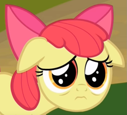 Size: 629x571 | Tagged: safe, screencap, apple bloom, earth pony, pony, marks and recreation, bow, cropped, female, filly, floppy ears, hair bow, puppy dog eyes, sad, solo