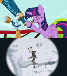 Size: 1280x1440 | Tagged: safe, edit, screencap, twilight sparkle, twilight sparkle (alicorn), alicorn, pony, testing testing 1-2-3, meme, moon, rick and morty, solo, telescope