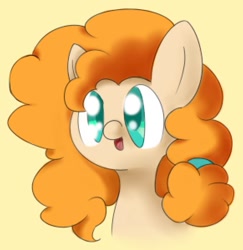 Size: 582x600 | Tagged: safe, artist:brsajo, pear butter, earth pony, pony, the perfect pear, bust, cute, female, portrait, simple background, smiling, solo, yellow background