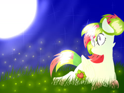 Size: 1600x1200 | Tagged: safe, artist:renatarks, oc, oc only, oc:watermelana, firefly (insect), pony, gradient hooves, grass, moon, night, prone, solo