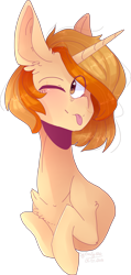Size: 2359x4952 | Tagged: safe, artist:emily-826, oc, oc only, oc:butterscotch, pony, unicorn, bust, female, high res, mare, one eye closed, portrait, simple background, solo, tongue out, transparent background, wink