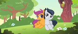 Size: 400x178 | Tagged: safe, artist:rose-moonlightowo, rumble, scootaloo, pony, female, male, prone, rumbloo, shipping, straight
