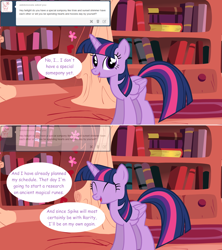Size: 1280x1444 | Tagged: safe, artist:hakunohamikage, twilight sparkle, twilight sparkle (alicorn), alicorn, pony, ask, ask-princesssparkle, golden oaks library, solo, tumblr