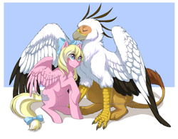 Size: 1375x1080 | Tagged: safe, artist:jay-kuro, oc, oc only, oc:bay breeze, oc:vistamage, griffon, pony, female, male, mare, smiling