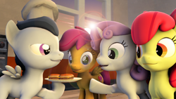 Size: 3840x2160 | Tagged: safe, artist:viranimation, apple bloom, rumble, scootaloo, sweetie belle, marks and recreation, 3d, burger, cheeseburger, chef, chef's hat, cutie mark crusaders, food, hamburger, hat, ponies eating meat, source filmmaker, that was fast