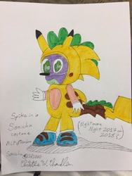 Size: 900x1200 | Tagged: safe, artist:chris chan, spike, dragon, abuse, clothes, cosplay, costume, solo, sonichu, spikeabuse, traditional art