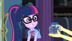 Size: 1920x1080 | Tagged: safe, screencap, fluttershy, sci-twi, twilight sparkle, firefly (insect), insect, better together, equestria girls, star crossed, disgusted, female, geode of telekinesis, glasses, jar, scared, solo focus