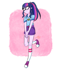 Size: 1000x1200 | Tagged: safe, artist:tamoqu, sci-twi, twilight sparkle, equestria girls, legend of everfree, clothes, converse, cute, female, glasses, looking away, no pupils, ponytail, shirt, shoes, shorts, smiling, sneakers, socks, solo, t-shirt, twiabetes