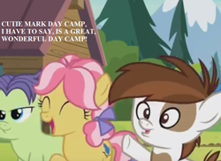 Size: 770x560 | Tagged: safe, edit, edited screencap, screencap, kettle corn, pipsqueak, earth pony, pony, marks and recreation, cabin, colt, cropped, excited, haiku, male, text, tree