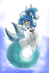 Size: 2800x4200 | Tagged: safe, artist:serodart, merpony, pony, chest fluff, collar, female, fluffy, looking at you, mare, smiling, solo, unshorn fetlocks