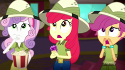 Size: 1280x720 | Tagged: safe, screencap, apple bloom, scootaloo, sweetie belle, eqg summertime shorts, equestria girls, the canterlot movie club, cinema, cutie mark crusaders, eating, food, hat, popcorn, terrified, ticket