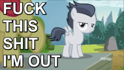 Size: 640x360 | Tagged: safe, edit, edited screencap, screencap, apple bloom, rumble, pegasus, pony, marks and recreation, animated, colt, fuck this, fuck this shit i'm out, gif, i'm out, image macro, male, meme, reaction image, vulgar