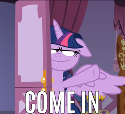 Size: 794x720 | Tagged: safe, edit, edited screencap, screencap, twilight sparkle, twilight sparkle (alicorn), alicorn, pony, fame and misfortune, door, faic, flattened, floppy ears, grin, how about no, image macro, inverted mouth, meme, pointing, rapeface, reaction image, smiling, solo