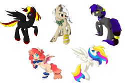 Size: 1574x1049 | Tagged: safe, artist:violentdreamsofmine, oc, oc only, oc:galaxy, oc:illusion, oc:nightmare wulf, oc:poff star, oc:treasure naughty, alicorn, bat pony, earth pony, pegasus, pony, female, mare, simple background, transparent background