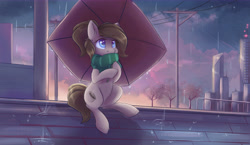 Size: 9652x5588 | Tagged: safe, artist:ardail, oc, oc only, oc:mocha latte, earth pony, pony, absurd resolution, city, clothes, cute, rain, scarf, skyscraper, solo, sunrise, umbrella