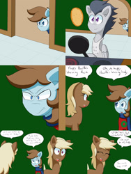 Size: 2400x3200 | Tagged: safe, artist:jake heritagu, rumble, oc, oc:sandy hooves, pony, comic:ask motherly scootaloo, apron, chip mint, christmas sweater, clothes, comic, food, frying pan, kiss the cook, pancakes, rain catcher, scarf, stove, sweater