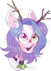 Size: 1586x2220 | Tagged: safe, artist:emily-826, oc, oc only, oc:shylu, pony, antlers, bust, female, heterochromia, mare, portrait, red nose, reindeer antlers, simple background, solo, transparent background