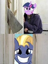 Size: 432x572 | Tagged: safe, star tracker, twilight sparkle, once upon a zeppelin, here's johnny, meme, obsession, stalker, the shining, this will end in jail time