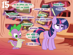 Size: 1024x768 | Tagged: safe, artist:bronybyexception, spike, twilight sparkle, dragon, pony, advent calendar, book, bookcase, christmas, female, golden oaks library, holiday, male, mare, present, quill