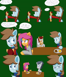 Size: 2400x2800 | Tagged: safe, artist:jake heritagu, rumble, scootaloo, oc, oc:lightning blitz, pegasus, pony, comic:ask motherly scootaloo, baby, baby pony, chip mint, christmas sweater, clothes, colt, comic, dialogue, eating, father and child, father and son, food, fork, green background, hairpin, holding a pony, jealous, male, motherly scootaloo, offspring, older, older rumble, older scootaloo, pancakes, parent and child, parent:rain catcher, parent:scootaloo, parents:catcherloo, rain catcher, rumbloo, scarf, shipping, simple background, speech bubble, straight, sweater, sweatshirt