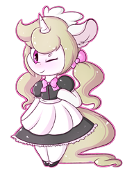 Size: 2185x2830 | Tagged: safe, artist:ashee, oc, oc only, oc:cherry blossom, blushing, bow, chibi, clothes, female, hair bow, maid, one eye closed, shoes, simple background, socks, solo, transparent background, wink