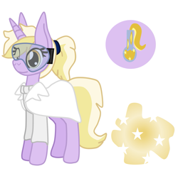 Size: 1349x1337 | Tagged: safe, artist:casanova-mew, dinky hooves, pony, clothes, goggles, lab coat, older, reference sheet, solo