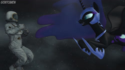 Size: 3840x2160 | Tagged: safe, artist:goatcanon, nightmare moon, alicorn, human, pony, 3d, astronaut, duo, female, incoming hug, luna and the nauts, mare, source filmmaker, space