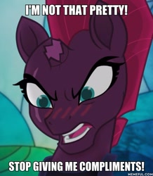 Size: 600x687 | Tagged: safe, edit, edited screencap, screencap, tempest shadow, my little pony: the movie, blatant lies, blushing, image macro, meme, pretty, pretty pretty tempest, tsundere, tsundere shadow