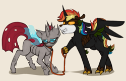 Size: 2723x1760 | Tagged: safe, artist:marsminer, oc, oc only, oc:cloudburst, oc:rainbow heart, changeling, gay, gaydom, leash, male, maledom, malesub, pet play, rainbow hair, red changeling, submissive