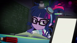 Size: 1920x1080 | Tagged: safe, edit, edited screencap, screencap, sci-twi, twilight sparkle, eqg summertime shorts, equestria girls, mad twience, book, exploitable, laboratory, sci-twi's portrait