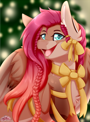 Size: 2000x2700 | Tagged: safe, artist:pinktabico, oc, oc only, oc:cameron howe, pony, christmas, cute, female, heart eyes, holiday, looking at you, mare, ocbetes, open mouth, raised hoof, ribbon, smiling, wingding eyes