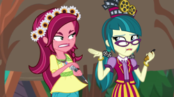 Size: 1280x718 | Tagged: safe, artist:3d4d, artist:seahawk270, edit, edited screencap, screencap, gloriosa daisy, juniper montage, equestria girls, legend of everfree, mirror magic, spoiler:eqg specials, blah blah blah, clothes, magical geodes, microphone