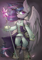 Size: 1277x1825 | Tagged: safe, artist:blvckmagic, twilight sparkle, twilight sparkle (alicorn), alicorn, anthro, bipedal, book, boots, clothes, horn ring, shoes, solo, staff, wings