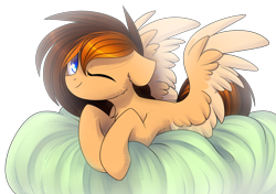 Size: 2829x1989 | Tagged: safe, artist:starlyflygallery, oc, oc only, oc:aerion featherquill, pegasus, pony, commission, female, looking at you, mare, one eye closed, pillow, simple background, solo, transparent background, wings, wink, ych result