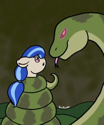 Size: 753x900 | Tagged: safe, artist:terdburgler, oc, oc only, oc:sandy rivers, pony, snake, blue hair, coiling, coils, hypnosis, hypnotized, imminent vore, ponytail, size difference