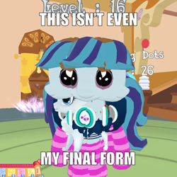 Size: 1000x1000 | Tagged: safe, sonata dusk, 3d, clothes, image macro, legends of equestria, meme, socks, striped socks, this isn't even my final form, wat