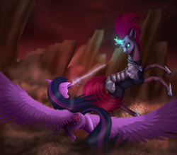 Size: 3466x3031 | Tagged: safe, artist:vinicius040598, tempest shadow, twilight sparkle, twilight sparkle (alicorn), alicorn, pony, unicorn, my little pony: the movie, armor, broken horn, duo, featureless crotch, female, fight, magic, mare, plot, sad in hindsight, sparking horn