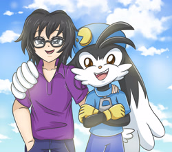 Size: 3113x2746 | Tagged: safe, artist:sumin6301, oc, oc only, equestria girls, barely pony related, clothes, cloud, crossed arms, equestria girls-ified, glasses, klonoa, looking at you, open mouth, side by side, sky