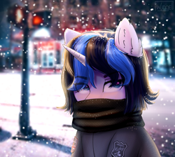 Size: 1000x897 | Tagged: safe, artist:wingell, oc, oc only, oc:mirror image, unicorn, clothes, female, horn, jacket, mare, scarf, snow, snowfall, solo, street, traffic light, ych result