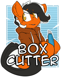 Size: 1651x2076 | Tagged: safe, artist:bbsartboutique, oc, oc only, oc:box cutter, earth pony, pony, badge, box cutter, con badge, transparent background