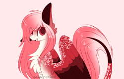 Size: 1024x657 | Tagged: safe, artist:little-sketches, oc, oc only, oc:hoissuru, pegasus, pony, chest fluff, colored pupils, colored wings, female, leonine tail, looking at you, mare, multicolored wings, open mouth, pink background, simple background, sitting, solo