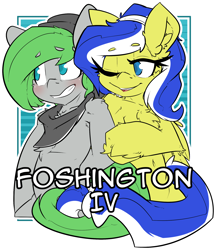 Size: 1752x2028 | Tagged: safe, artist:bbsartboutique, oc, oc only, oc:lemon frost, oc:trivial pursuit, arm behind back, badge, con badge, neckerchief, one eye closed, transparent background, wink