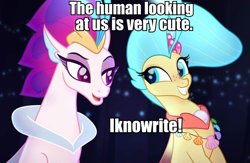 Size: 738x482 | Tagged: safe, edit, edited screencap, screencap, princess skystar, queen novo, seapony (g4), my little pony: the movie, bronybait, female, image macro, like mother like daughter, meme, mother and child, mother and daughter, parent and child, she knows, text