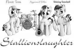 Size: 1300x858 | Tagged: safe, artist:stallionslaughter, oc, oc only, earth pony, pegasus, pony, unicorn, band, drums, guitar, metal, microphone, music, trio