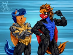 Size: 1280x952 | Tagged: safe, artist:h-stallionwolf, artist:ponyanony, oc, oc only, oc:lightning rider, oc:marker pace, anthro, pegasus, unguligrade anthro, collaboration, clothes, duo, duo male, flexing, jumpsuit, male, muscles, pecs, race, racer, racing suit, rivalry, spandex, suit, tight clothing, wings