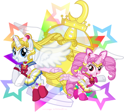 Size: 6398x5813 | Tagged: safe, artist:meganlovesangrybirds, alicorn, pony, absurd resolution, chibi moon, duo, ponified, sailor chibi moon, sailor moon, simple background, super sailor moon, transparent background