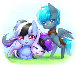 Size: 2000x1700 | Tagged: safe, artist:zukiq314, oc, oc only, oc:alternate, oc:nathan, earth pony, pegasus, pony, amputee, chibi, clothes, commission, cute, eyes closed, looking at you, prosthetic leg, prosthetic limb, prosthetics, scarf, smiling, trio